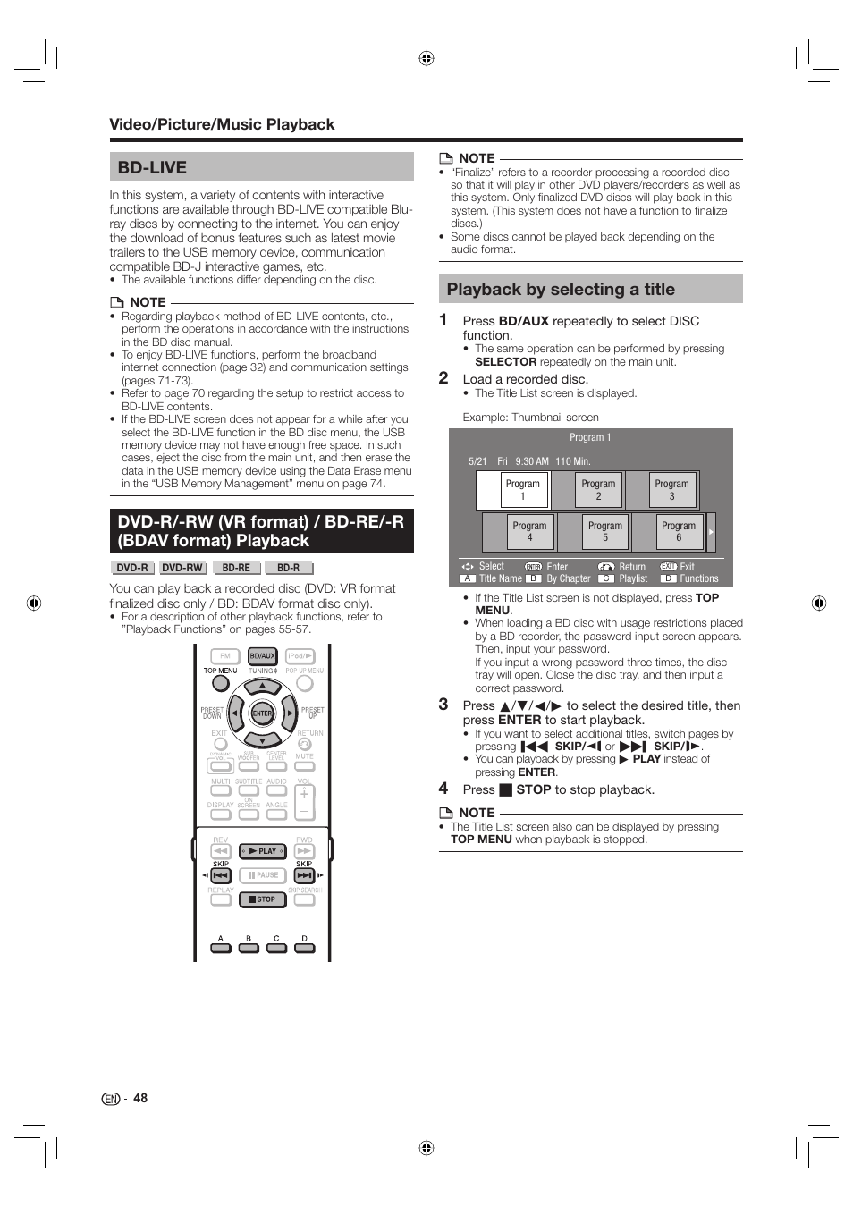 Bd-live, Playback by selecting a title, Video/picture/music playback | Sharp Aquos TINS-E595WJQZ User Manual | Page 50 / 95