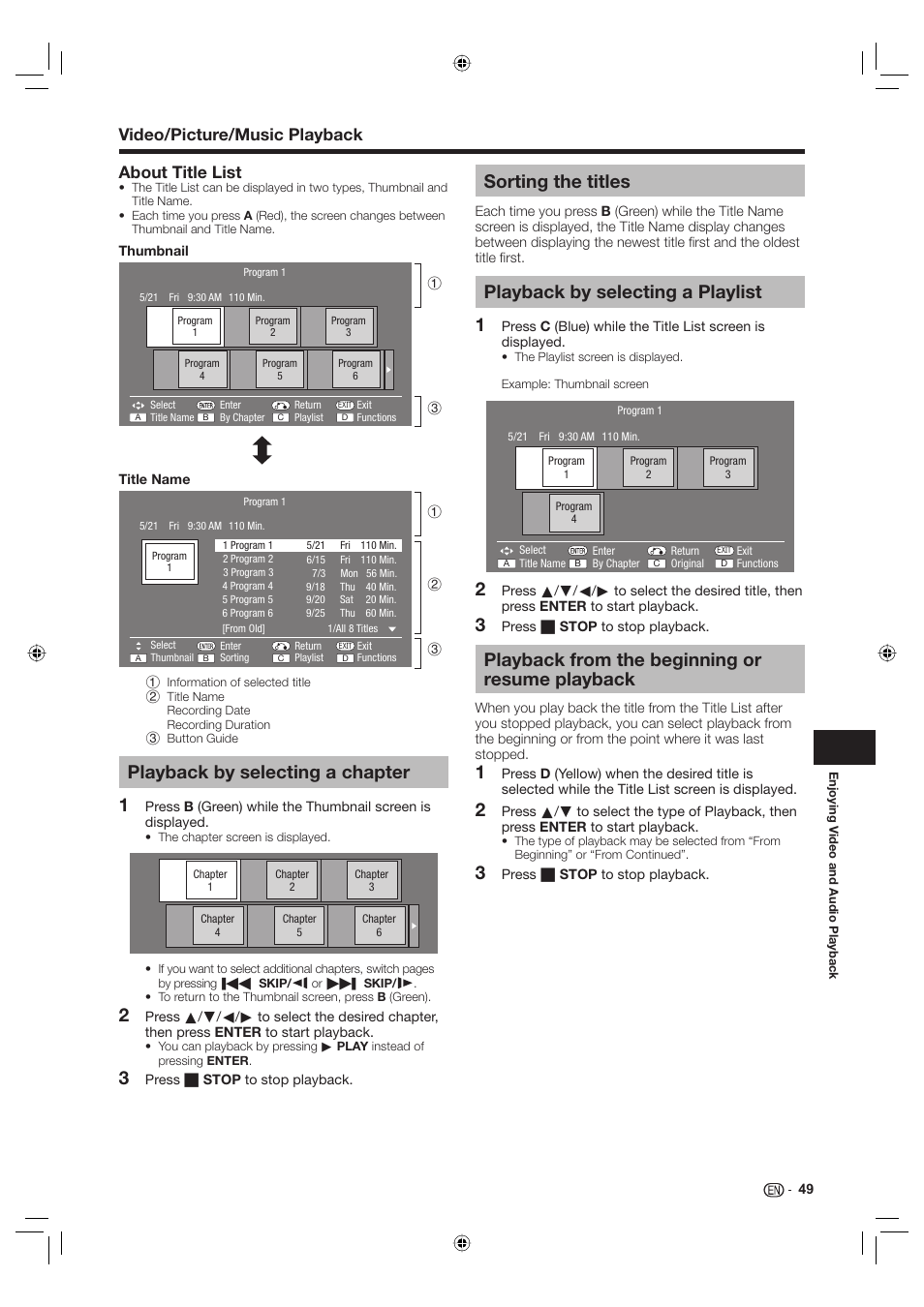 Playback by selecting a chapter, Sorting the titles, Playback by selecting a playlist | Playback from the beginning or resume playback, 3sorting the titles, Video/picture/music playback about title list | Sharp Aquos TINS-E595WJQZ User Manual | Page 51 / 95