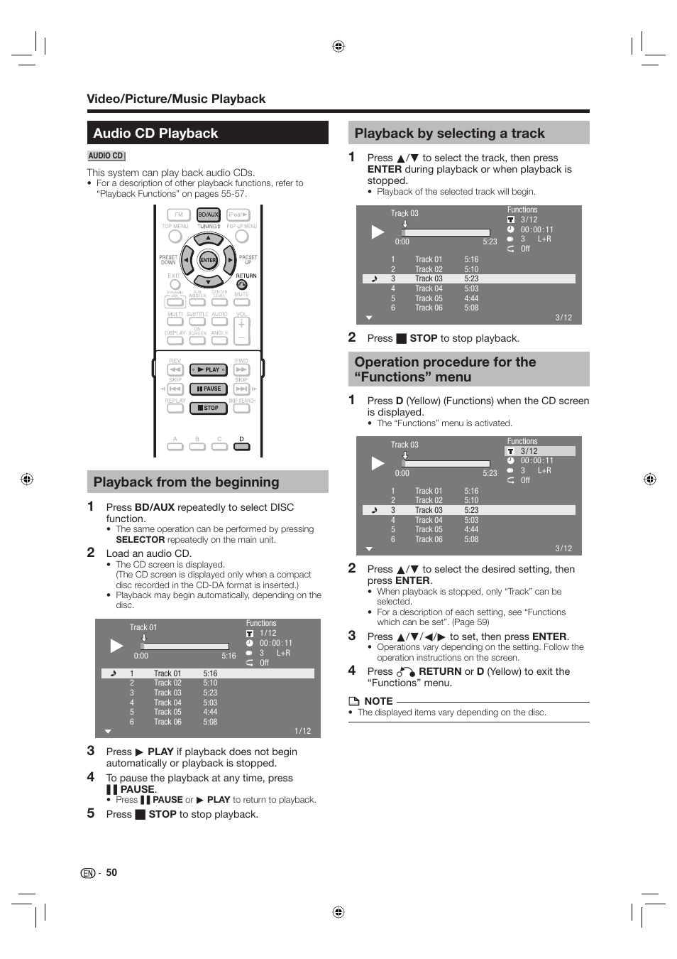 Audio cd playback, Playback from the beginning, Playback by selecting a track | Operation procedure for the “functions” menu, 5playback by selecting a track, Video/picture/music playback | Sharp Aquos TINS-E595WJQZ User Manual | Page 52 / 95