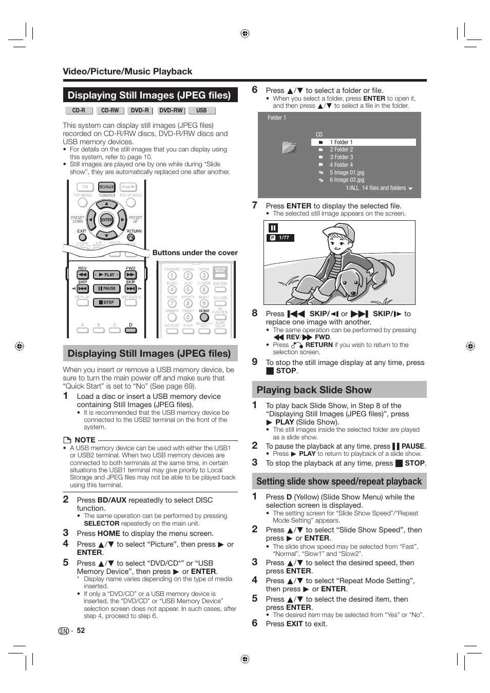 Displaying still images (jpeg files), Playing back slide show, Setting slide show speed/repeat playback | Sharp Aquos TINS-E595WJQZ User Manual | Page 54 / 95