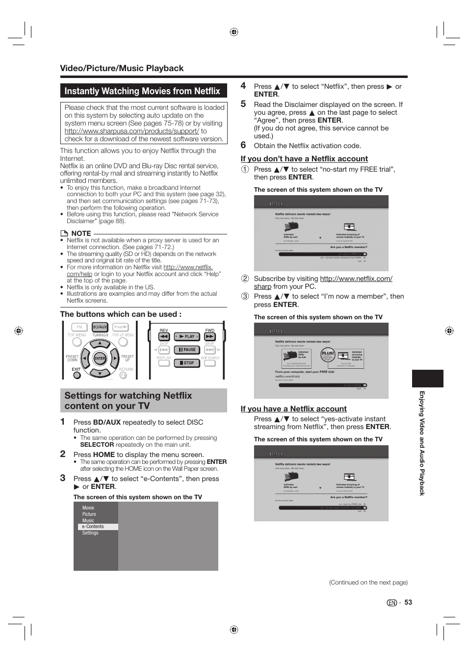 Instantly watching movies from netflix, Settings for watching netflix content on your tv | Sharp Aquos TINS-E595WJQZ User Manual | Page 55 / 95