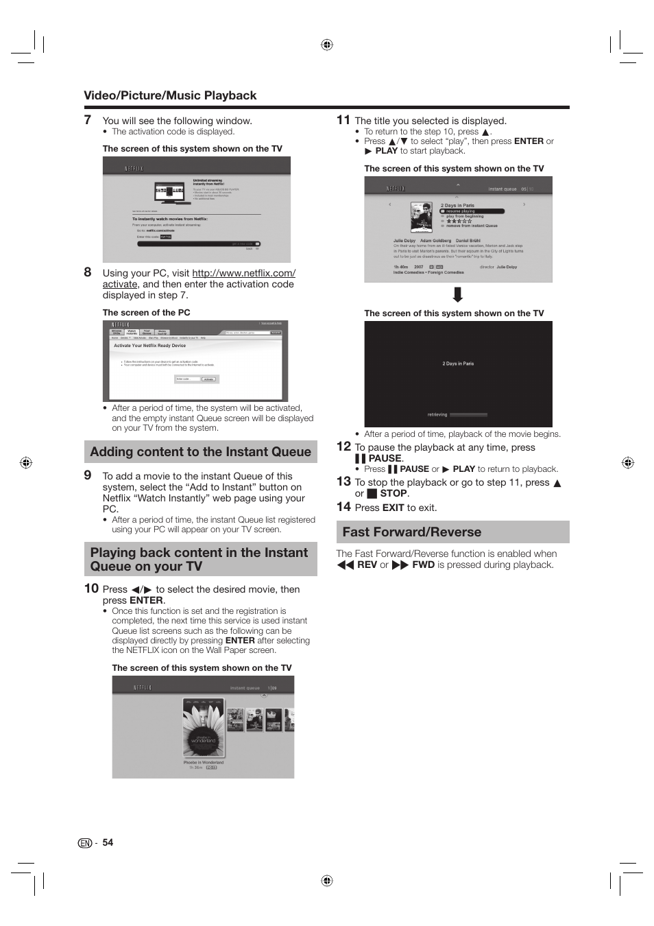 Adding content to the instant queue, Fast forward/reverse | Sharp Aquos TINS-E595WJQZ User Manual | Page 56 / 95