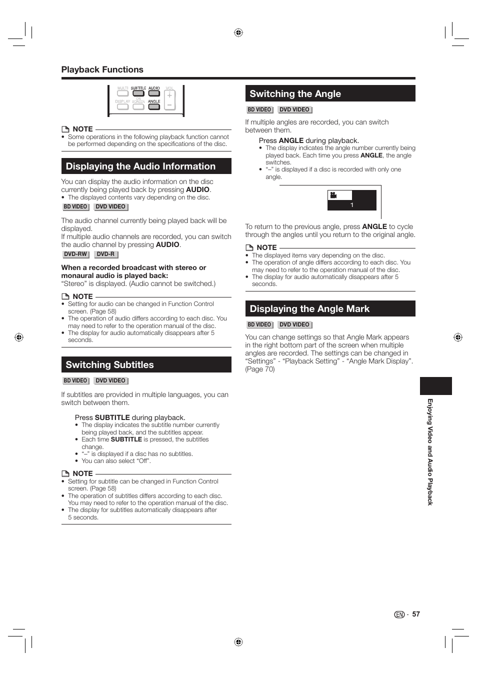 Displaying the audio information, Switching subtitles, Switching the angle | Displaying the angle mark, Playback functions | Sharp Aquos TINS-E595WJQZ User Manual | Page 59 / 95