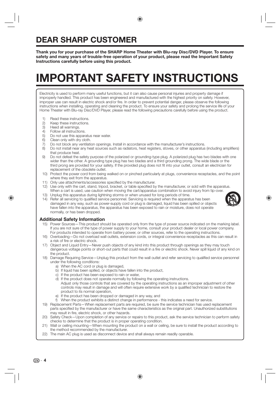 Dear sharp customer, Important safety instructions | Sharp Aquos TINS-E595WJQZ User Manual | Page 6 / 95