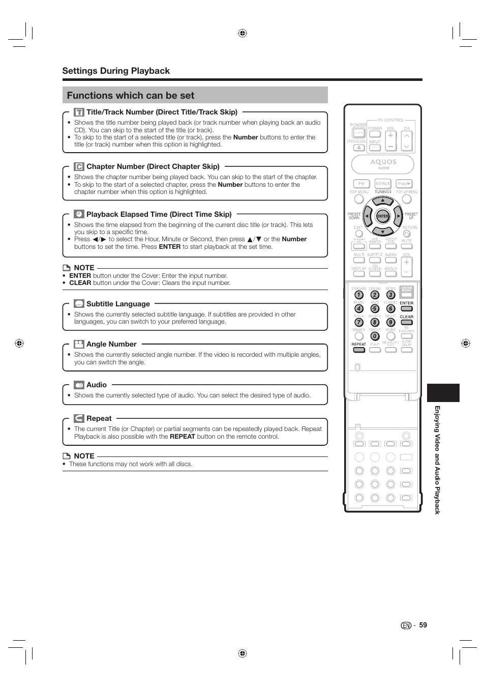 Functions which can be set, Settings during playback | Sharp Aquos TINS-E595WJQZ User Manual | Page 61 / 95