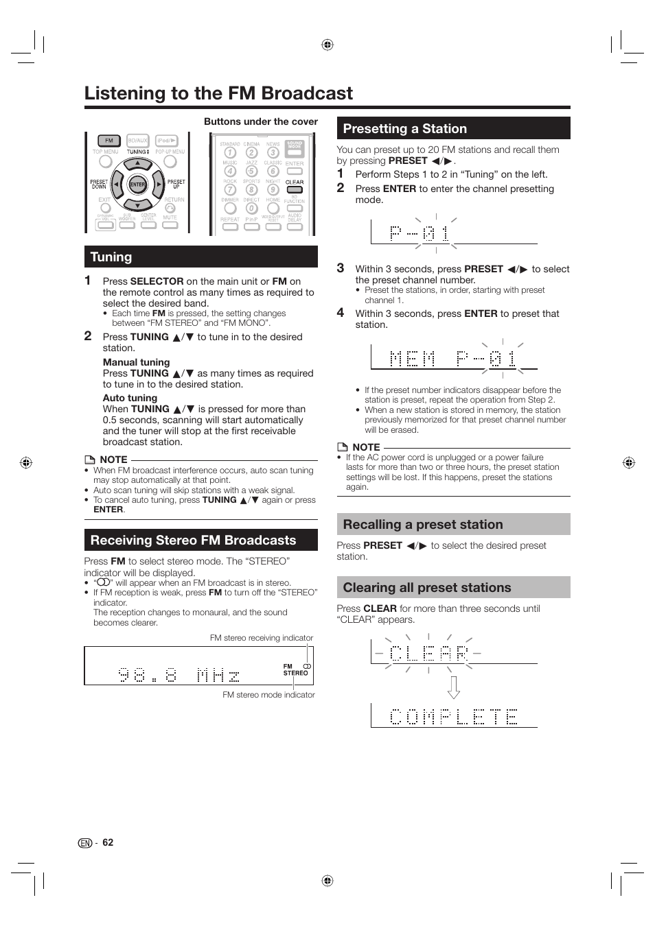 Listening to the fm broadcast, Tuning, Receiving stereo fm broadcasts | Presetting a station, Recalling a preset station, Clearing all preset stations | Sharp Aquos TINS-E595WJQZ User Manual | Page 64 / 95