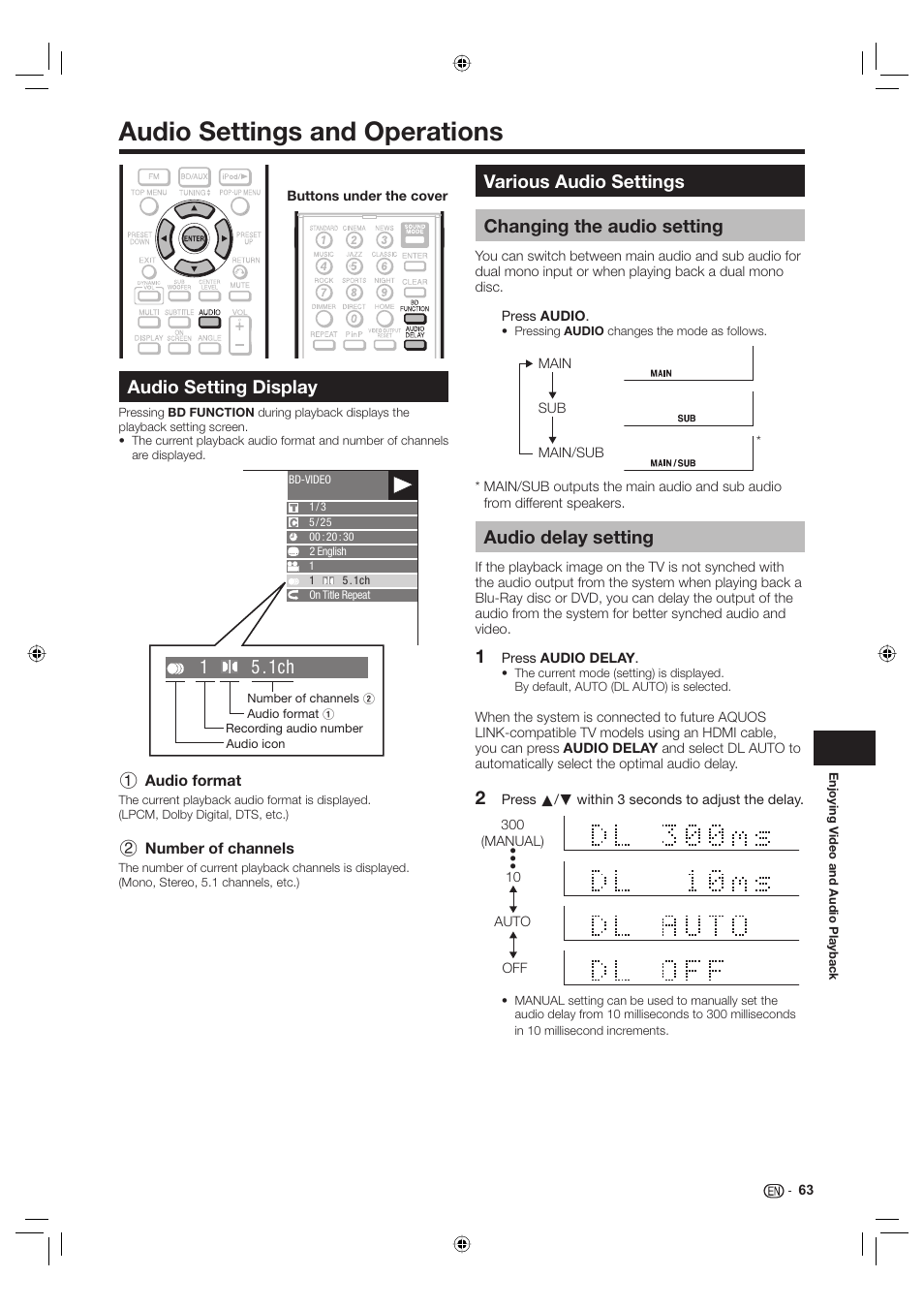 Audio settings and operations, Audio setting display, Various audio settings | Changing the audio setting, Audio delay setting, 15 . 1ch, Various audio settings changing the audio setting | Sharp Aquos TINS-E595WJQZ User Manual | Page 65 / 95