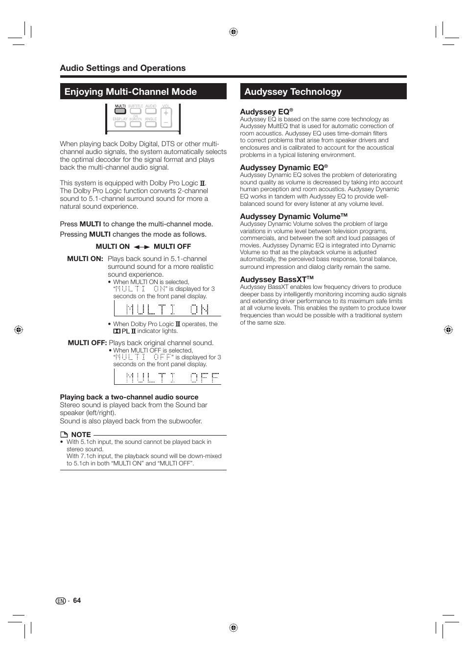 Enjoying multi-channel mode, Audyssey technology, Audio settings and operations | Sharp Aquos TINS-E595WJQZ User Manual | Page 66 / 95