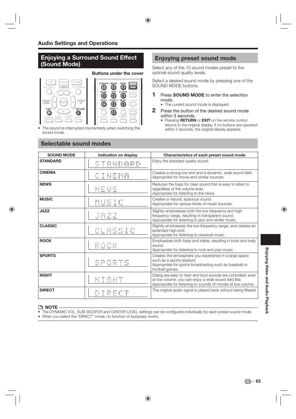 Enjoying a surround sound effect (sound mode), Enjoying preset sound mode, Selectable sound modes | Audio settings and operations | Sharp Aquos TINS-E595WJQZ User Manual | Page 67 / 95