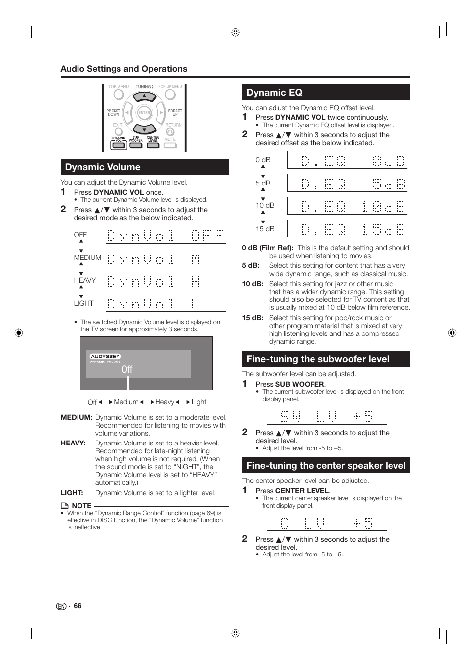 Dynamic volume, Dynamic eq, Fine-tuning the subwoofer level | Fine-tuning the center speaker level | Sharp Aquos TINS-E595WJQZ User Manual | Page 68 / 95