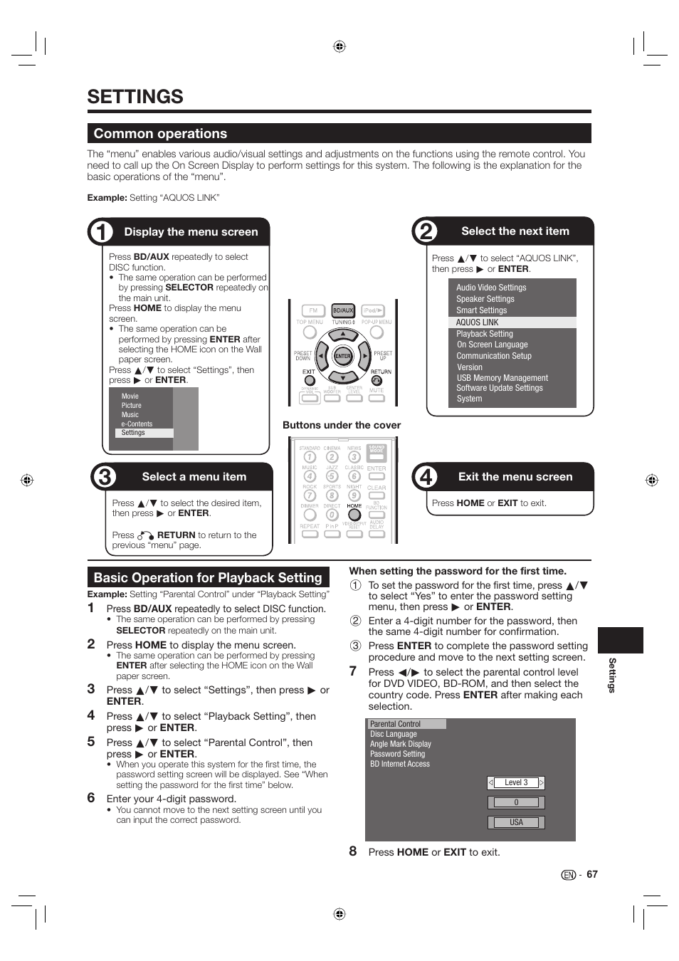 Settings, Common operations, Basic operation for playback setting | Sharp Aquos TINS-E595WJQZ User Manual | Page 69 / 95