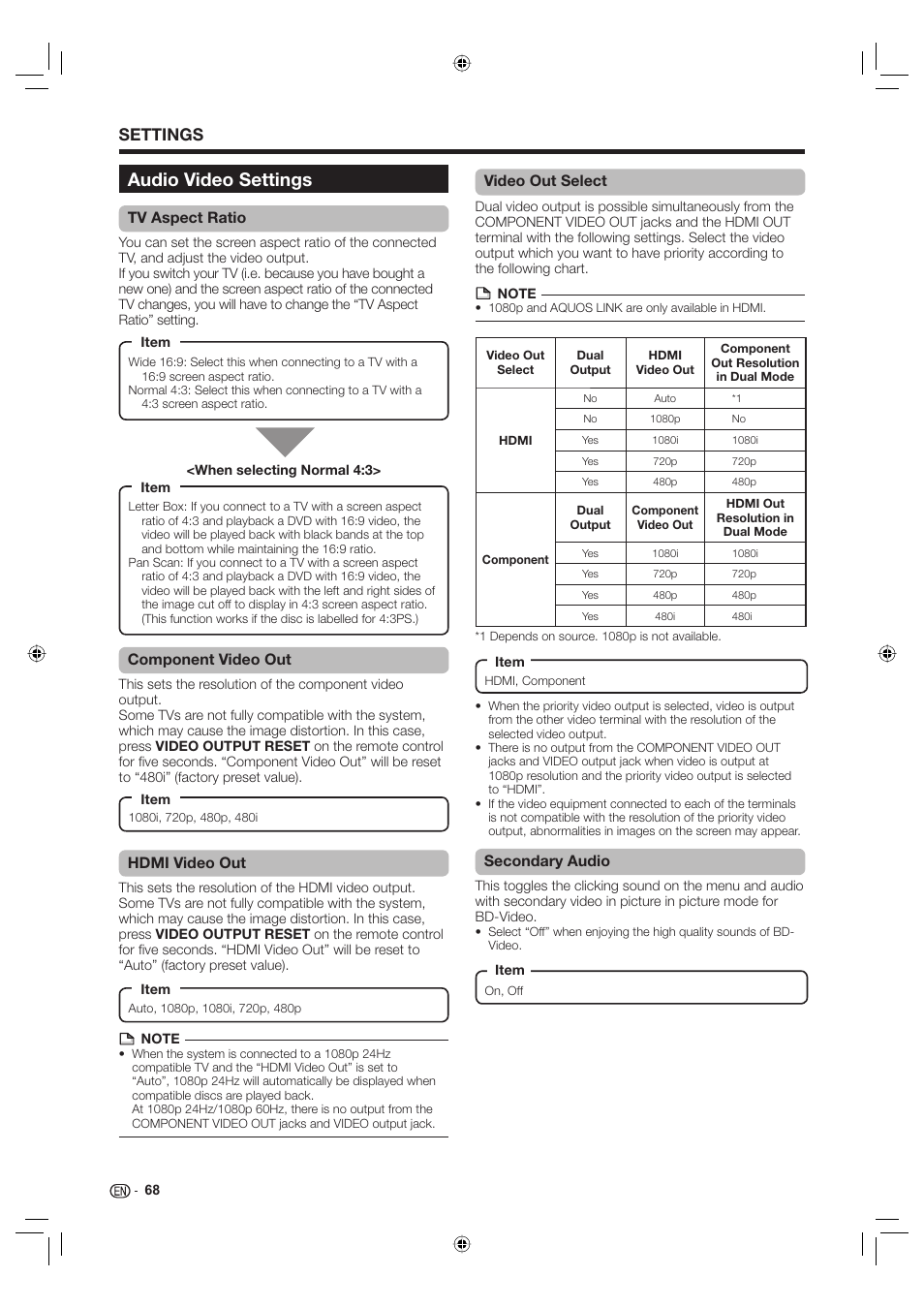 Audio video settings, Settings, Tv aspect ratio | Component video out, Hdmi video out, Secondary audio, Video out select | Sharp Aquos TINS-E595WJQZ User Manual | Page 70 / 95