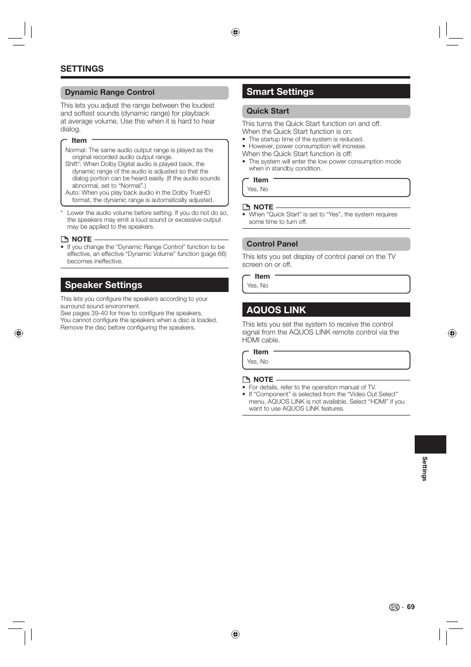 Speaker settings, Smart settings, Aquos link | Settings | Sharp Aquos TINS-E595WJQZ User Manual | Page 71 / 95