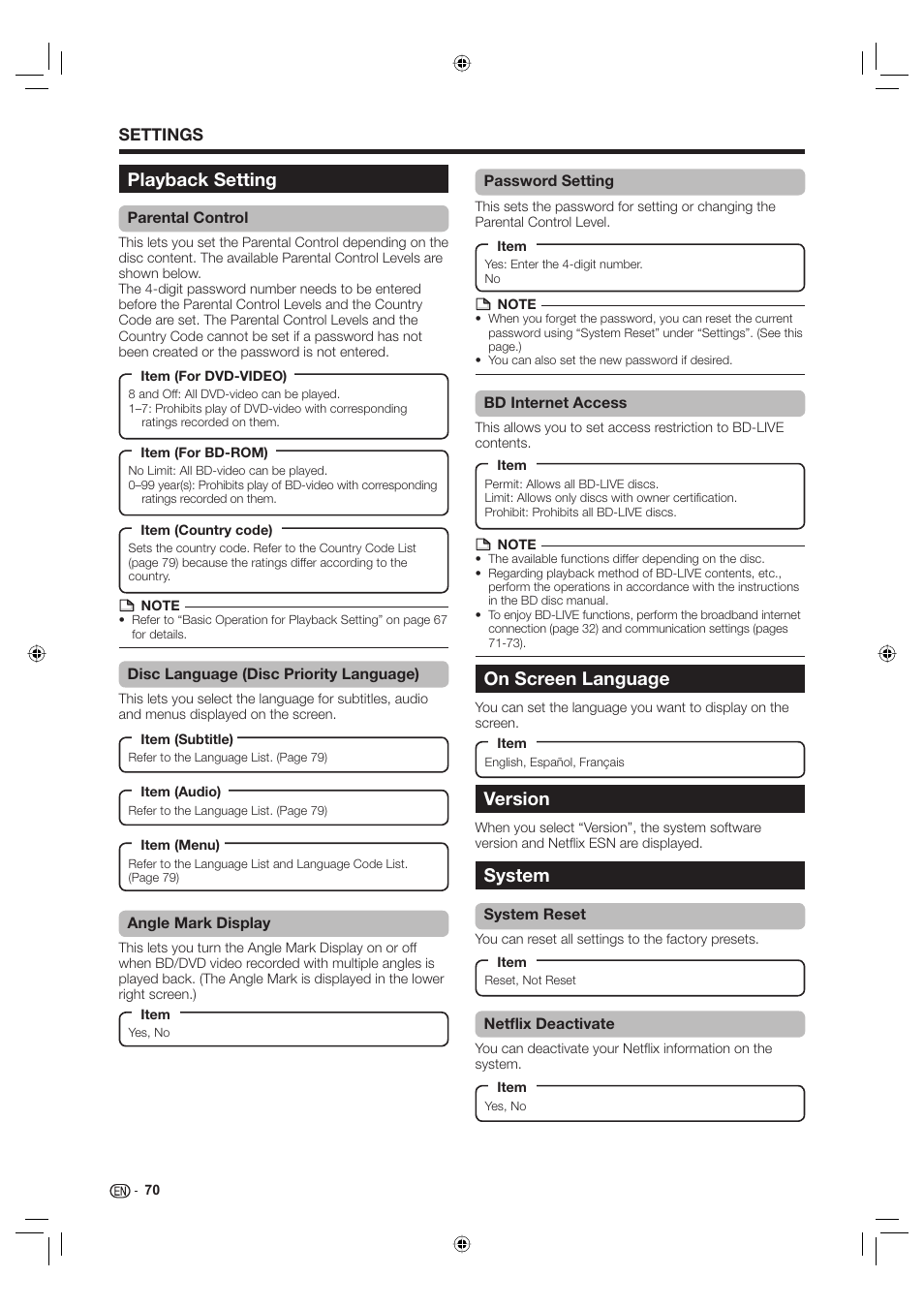 Playback setting, On screen language, Version | System | Sharp Aquos TINS-E595WJQZ User Manual | Page 72 / 95