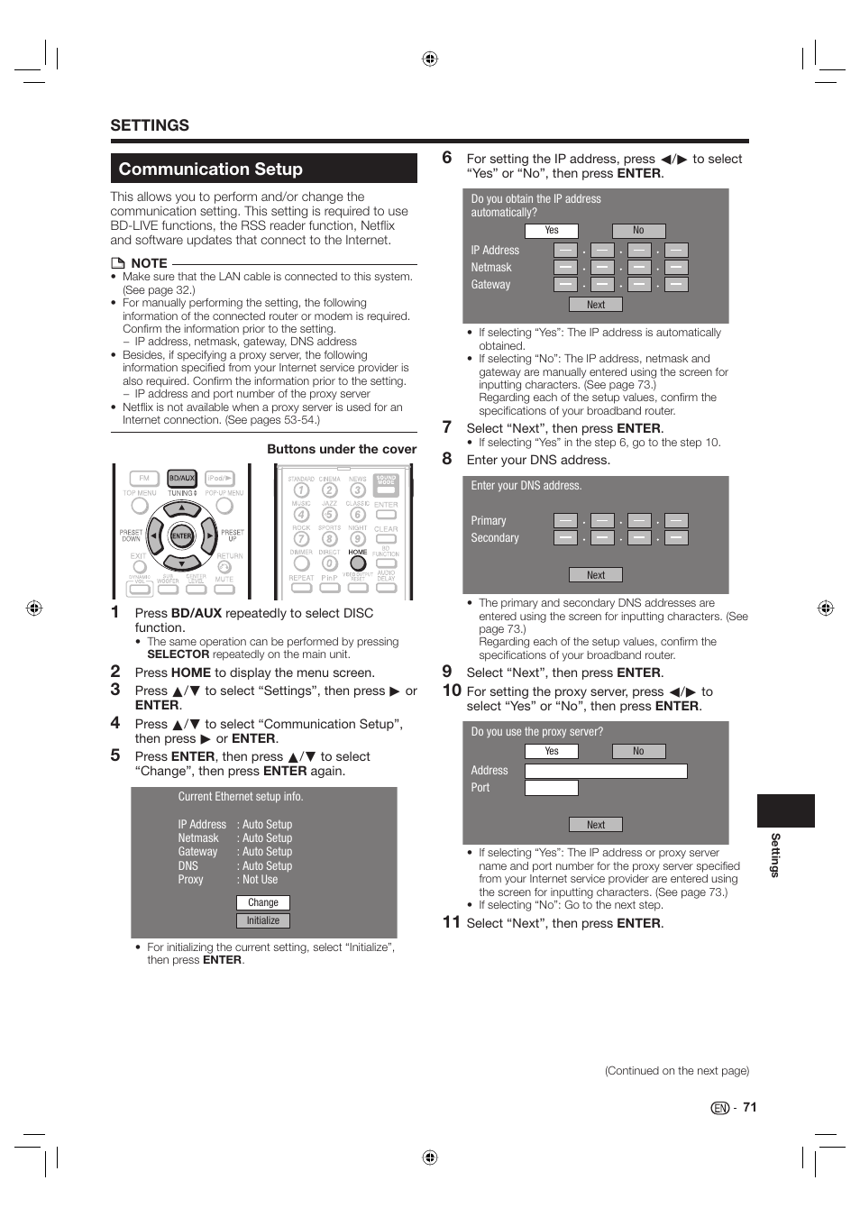 Communication setup, Settings | Sharp Aquos TINS-E595WJQZ User Manual | Page 73 / 95