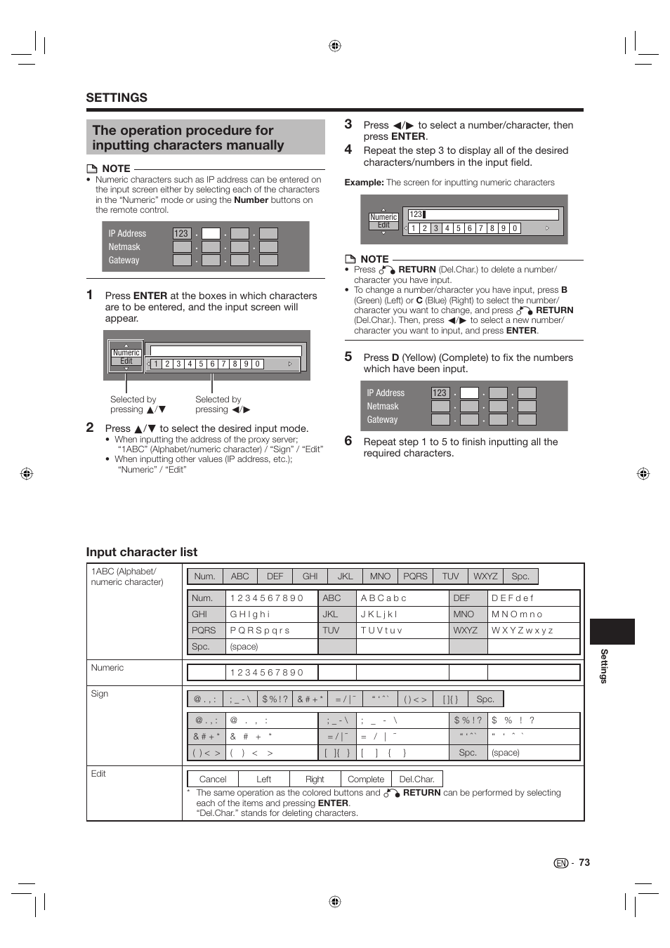 Settings, Input character list | Sharp Aquos TINS-E595WJQZ User Manual | Page 75 / 95