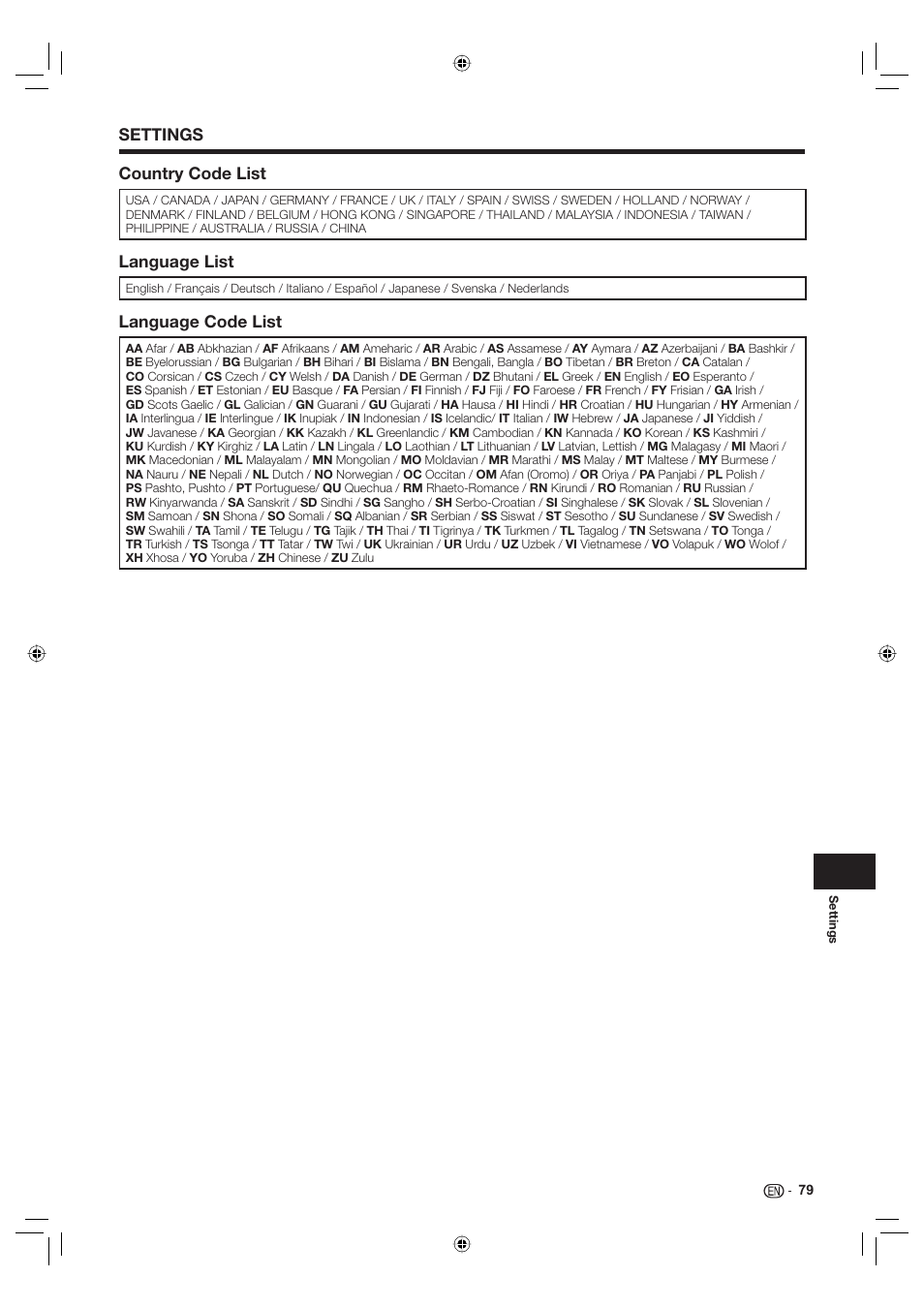 Settings country code list, Language list, Language code list | Sharp Aquos TINS-E595WJQZ User Manual | Page 81 / 95