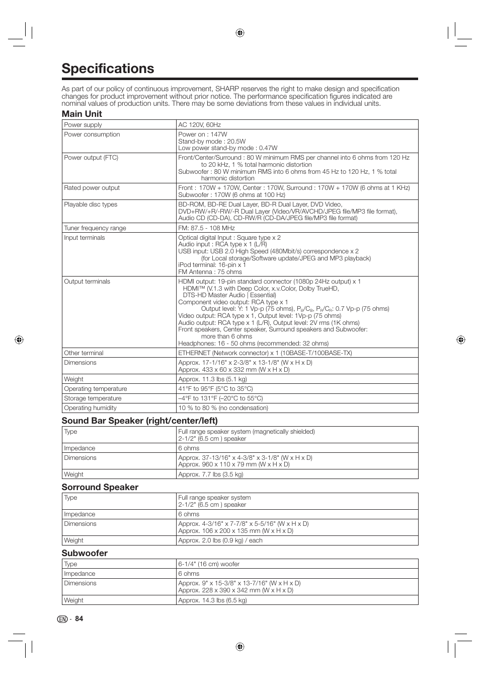 Specifications, Main unit, Sound bar speaker (right/center/left) | Sorround speaker, Subwoofer | Sharp Aquos TINS-E595WJQZ User Manual | Page 86 / 95