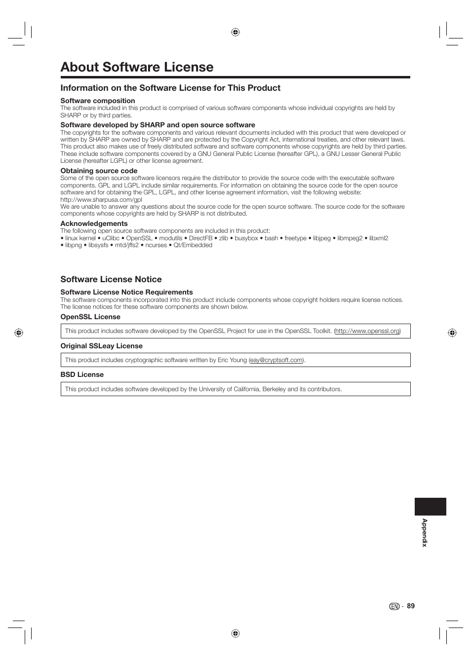 About software license | Sharp Aquos TINS-E595WJQZ User Manual | Page 91 / 95