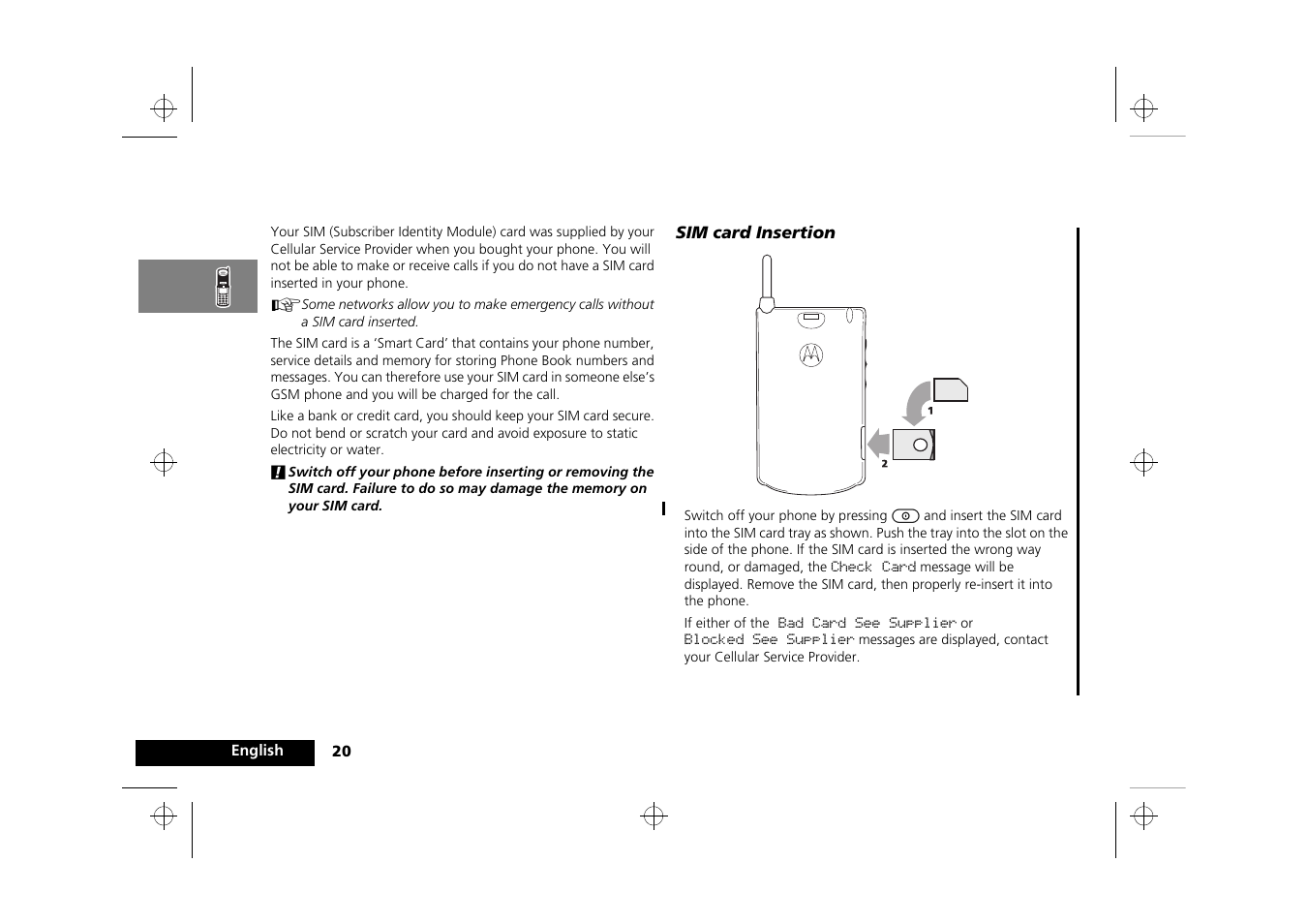 Your sim card | Motorola P8088 User Manual | Page 22 / 84