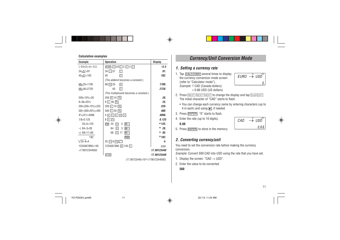 Currency/unit conversion mode, Setting a currency rate, Converting currency/unit | Sharp YO-P20 User Manual | Page 13 / 28