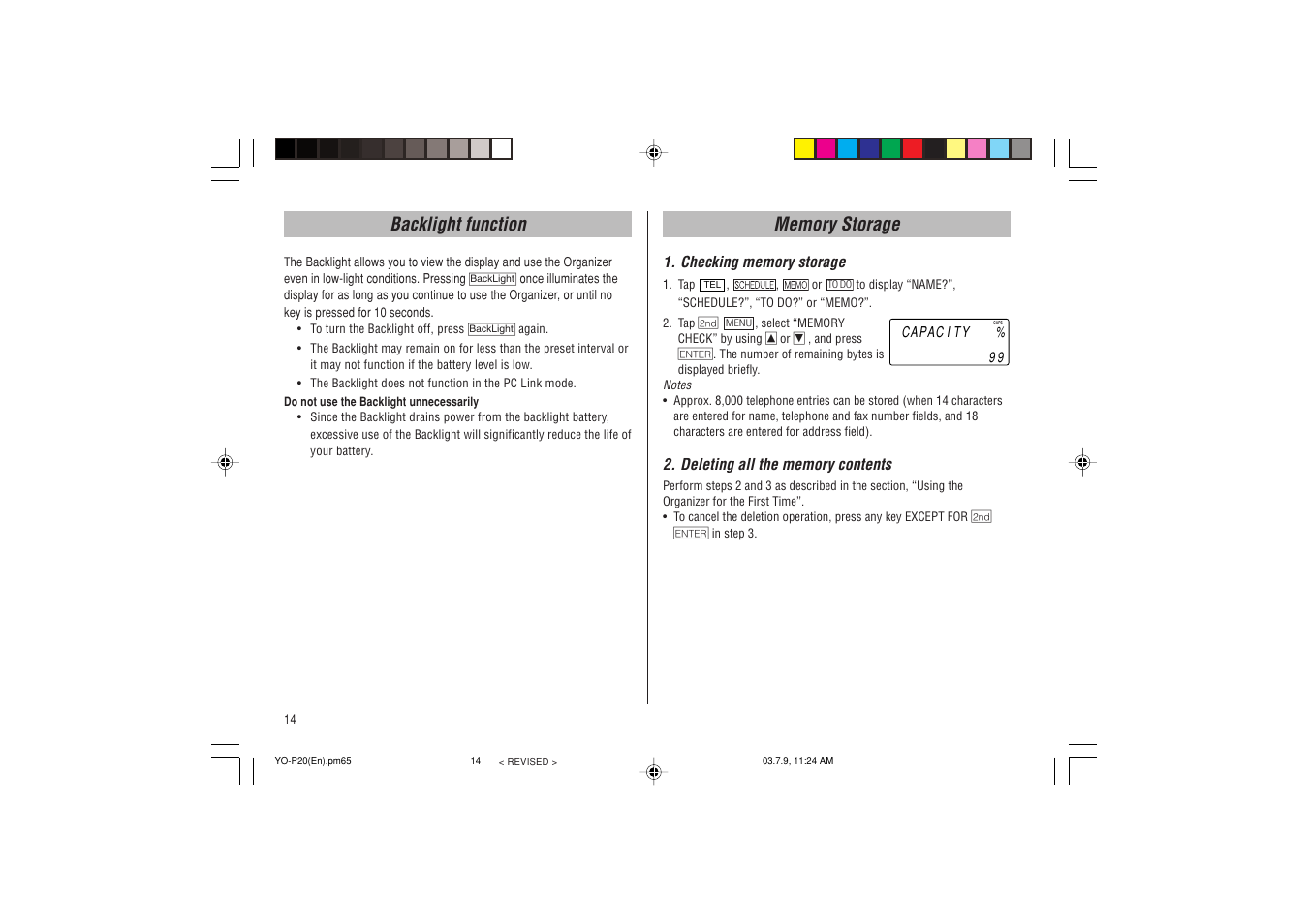 Backlight function | Sharp YO-P20 User Manual | Page 16 / 28