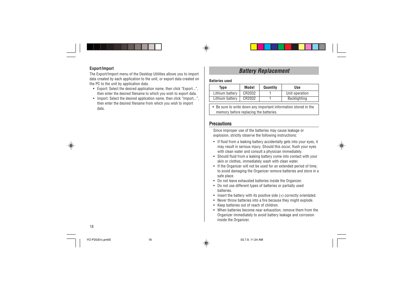 Battery replacement | Sharp YO-P20 User Manual | Page 20 / 28