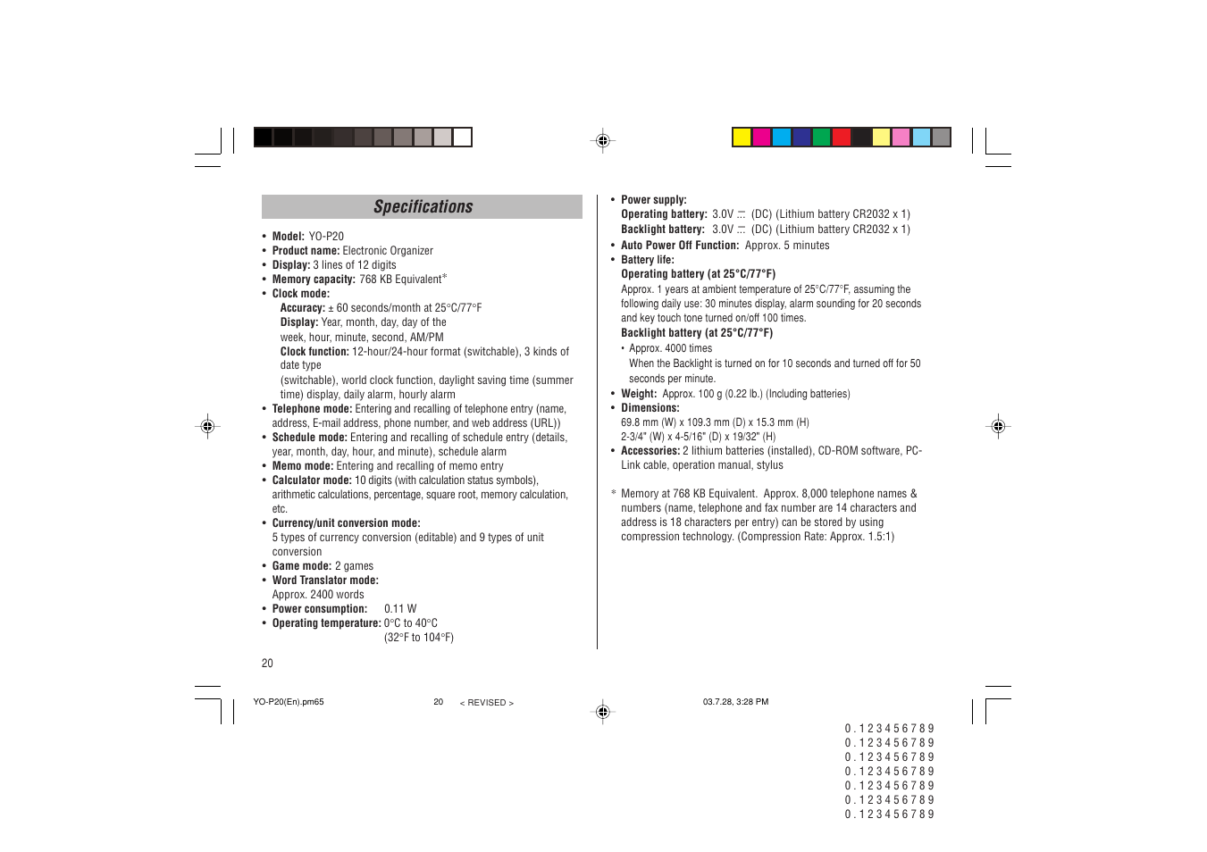 Specifications | Sharp YO-P20 User Manual | Page 22 / 28