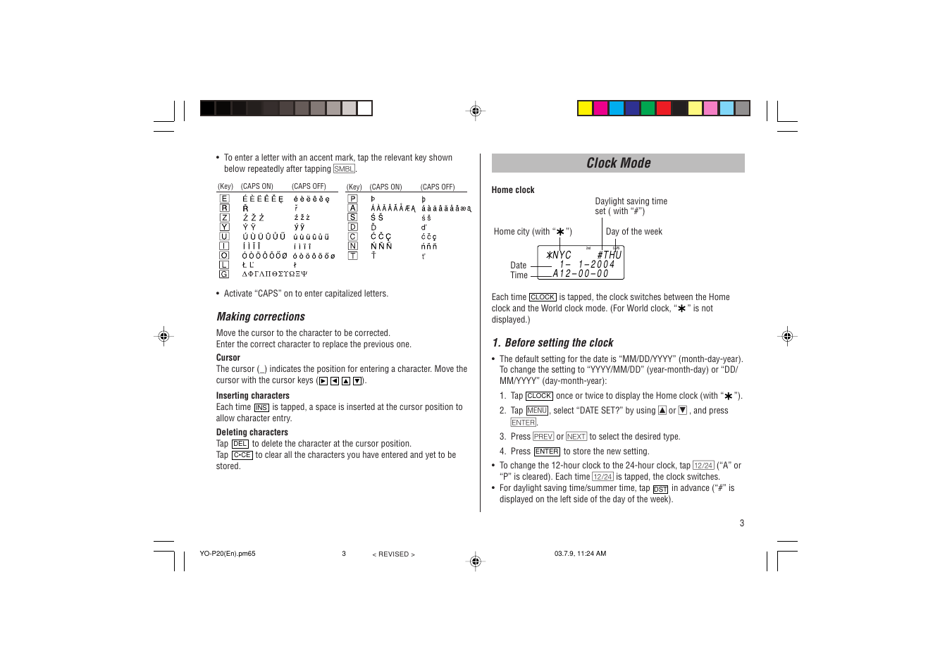 Clock mode | Sharp YO-P20 User Manual | Page 5 / 28