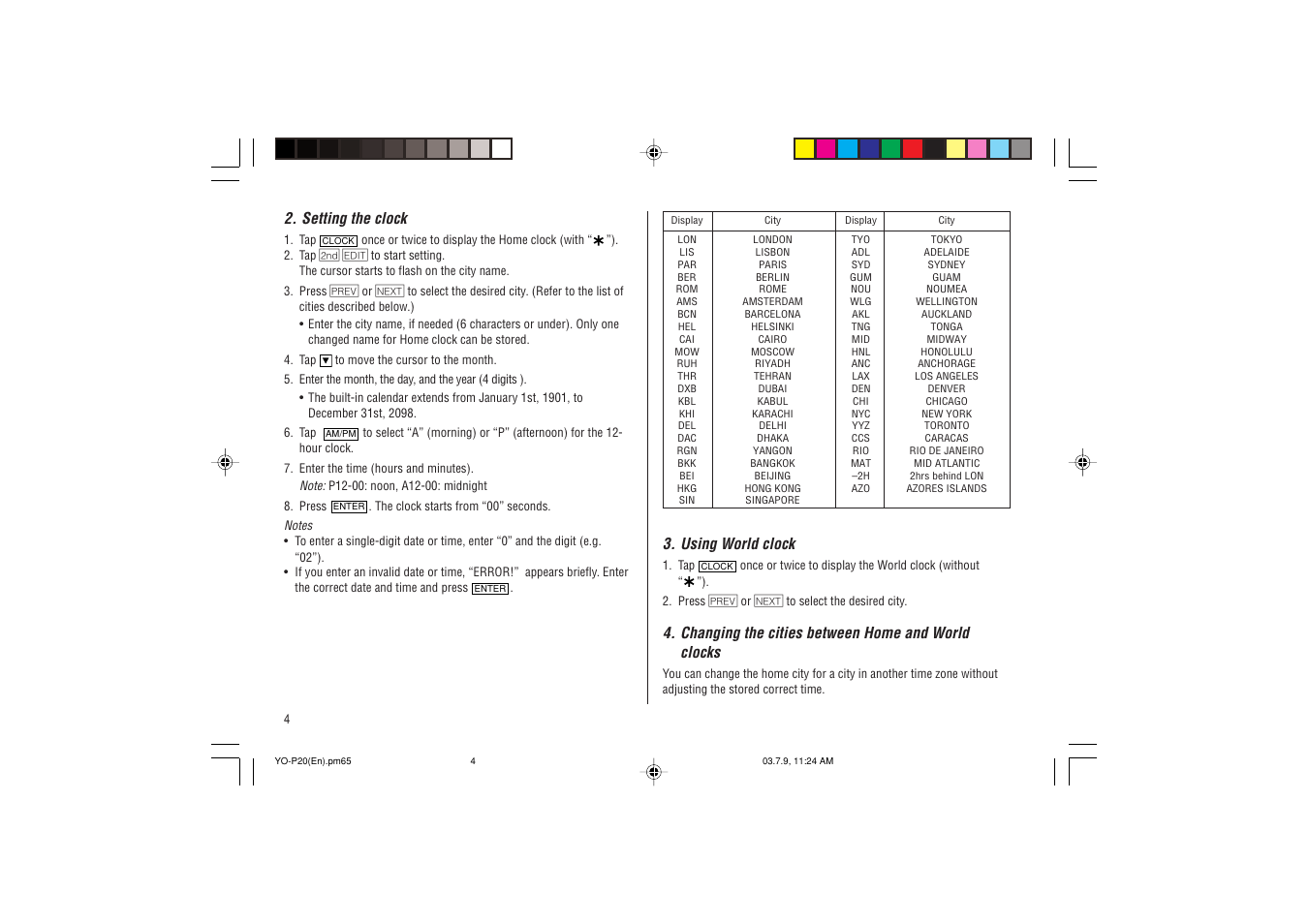 Setting the clock, Using world clock, Changing the cities between home and world clocks | Sharp YO-P20 User Manual | Page 6 / 28