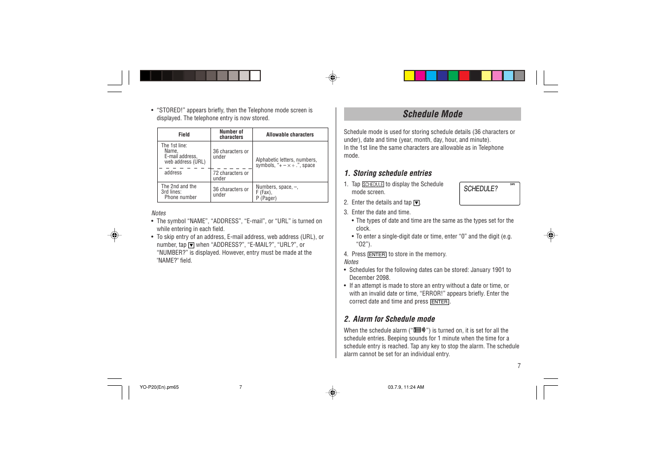 Schedule mode | Sharp YO-P20 User Manual | Page 9 / 28