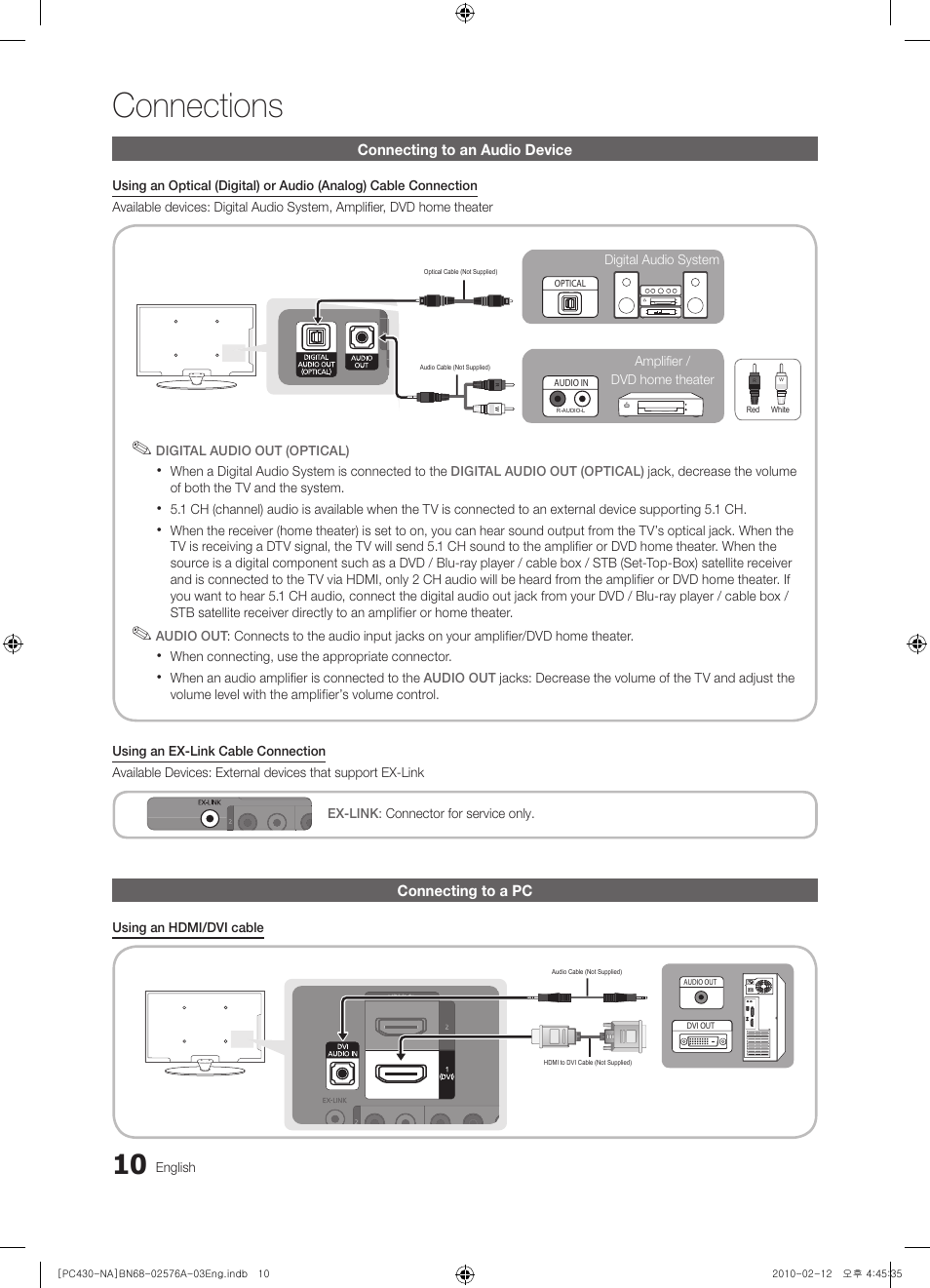 Connecting to an audio device, Connecting to a pc, Connections | Sharp 430 User Manual | Page 10 / 38