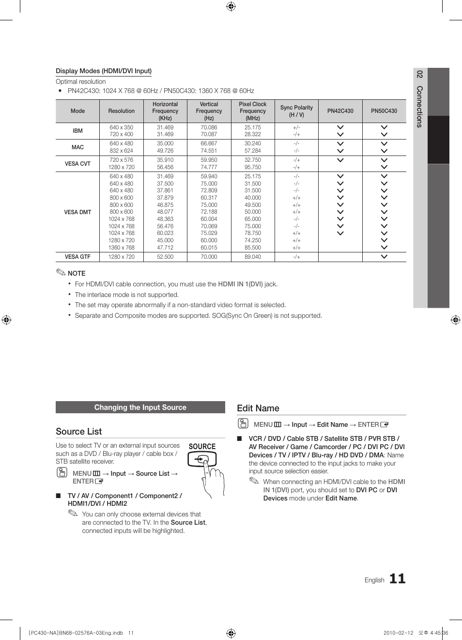 Changing the input source, Source list, Edit name | Sharp 430 User Manual | Page 11 / 38