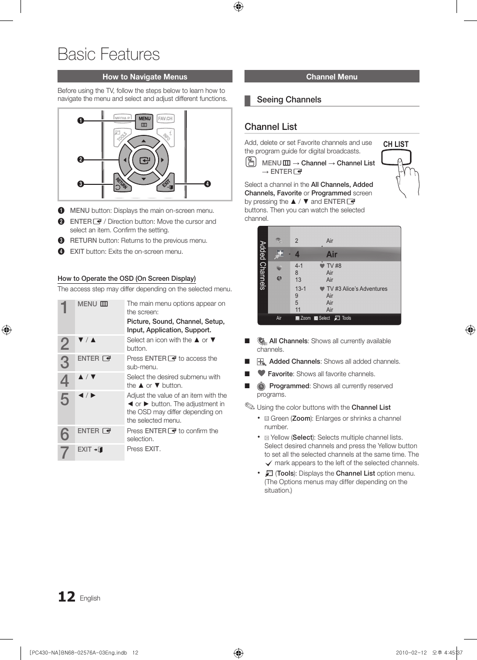 Basic features, How to navigate menus, Channel menu | Seeing channels, Channel list | Sharp 430 User Manual | Page 12 / 38