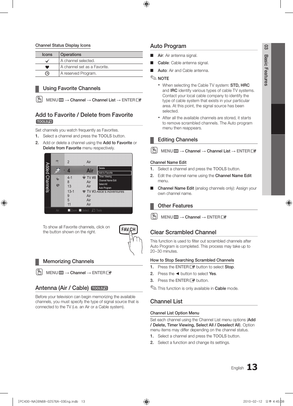 Using favorite channels, Memorizing channels, Editing channels | Other features, Add to favorite / delete from favorite, Antenna (air / cable), Auto program, Clear scrambled channel, Channel list | Sharp 430 User Manual | Page 13 / 38