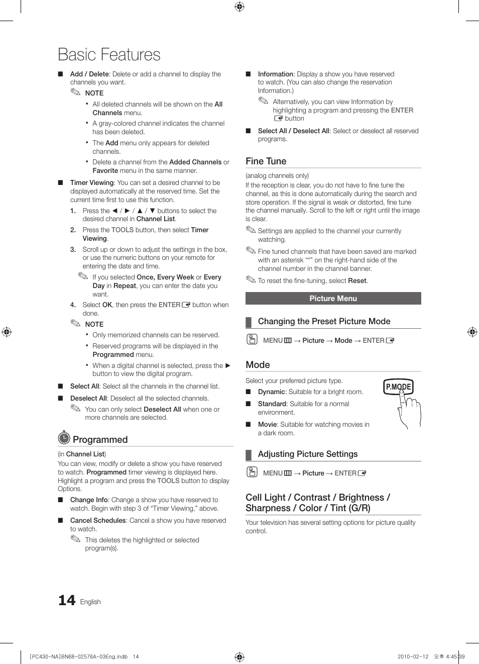 Picture menu, Changing the preset picture mode, Adjusting picture settings | Basic features | Sharp 430 User Manual | Page 14 / 38