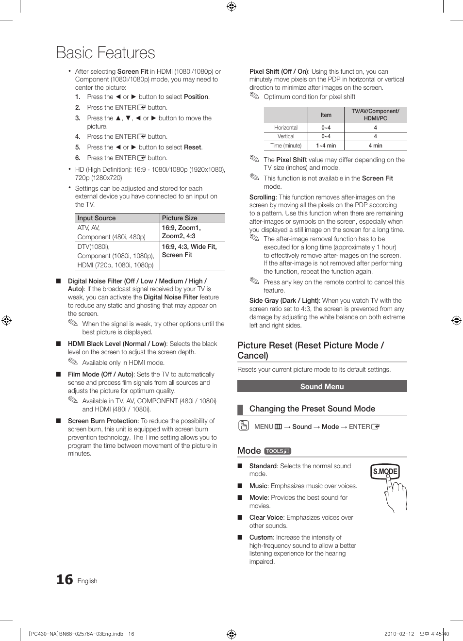 Sound menu, Changing the preset sound mode, Basic features | Picture reset (reset picture mode / cancel), Mode | Sharp 430 User Manual | Page 16 / 38