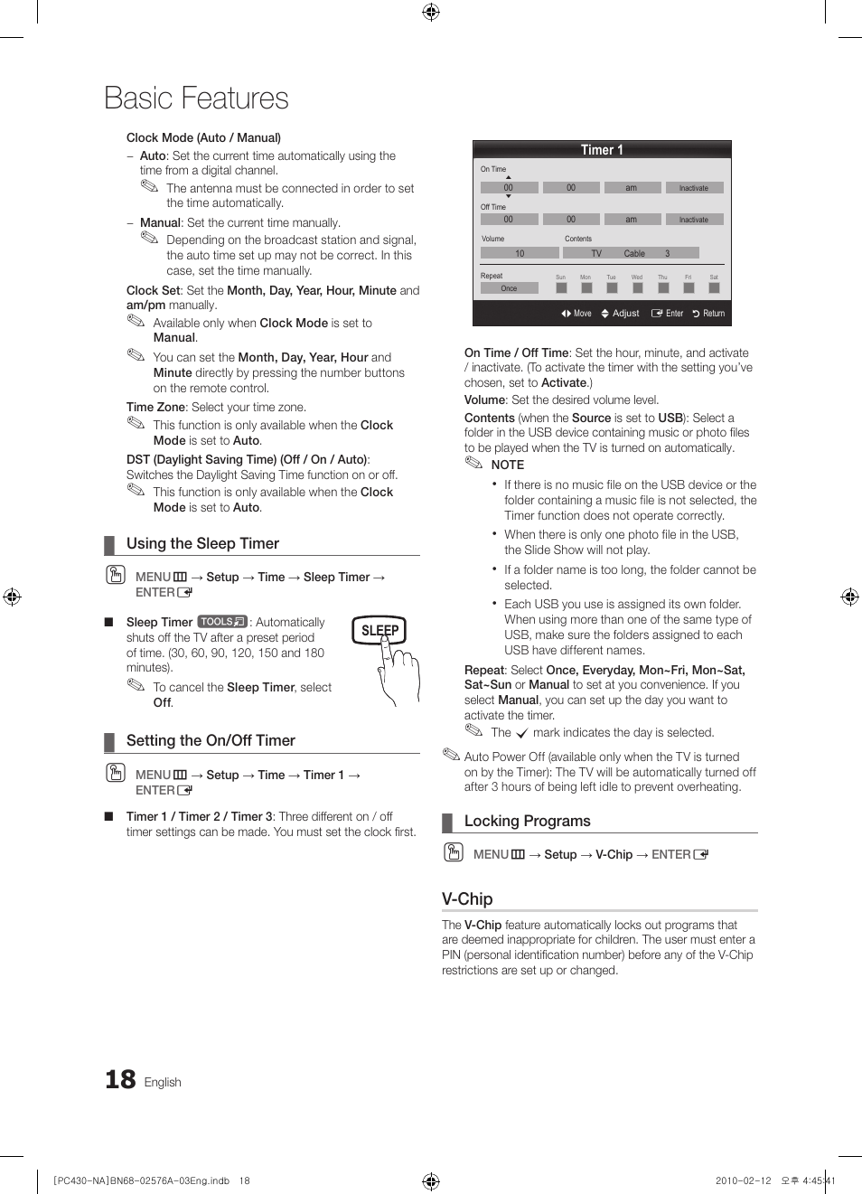 Using the sleep timer, Setting the on/off timer, Locking programs | Basic features, V-chip | Sharp 430 User Manual | Page 18 / 38