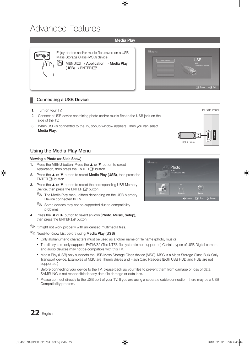 Advanced features, Media play, Connecting a usb device | Using the media play menu, Media.p, Photo, Music, English, Need-to-know list before using media play (usb), Menu m → application → media play (usb) → enter e | Sharp 430 User Manual | Page 22 / 38