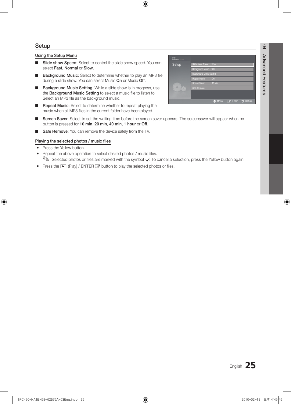 Setup, 04 advanced featur es, Photo | Music, English | Sharp 430 User Manual | Page 25 / 38