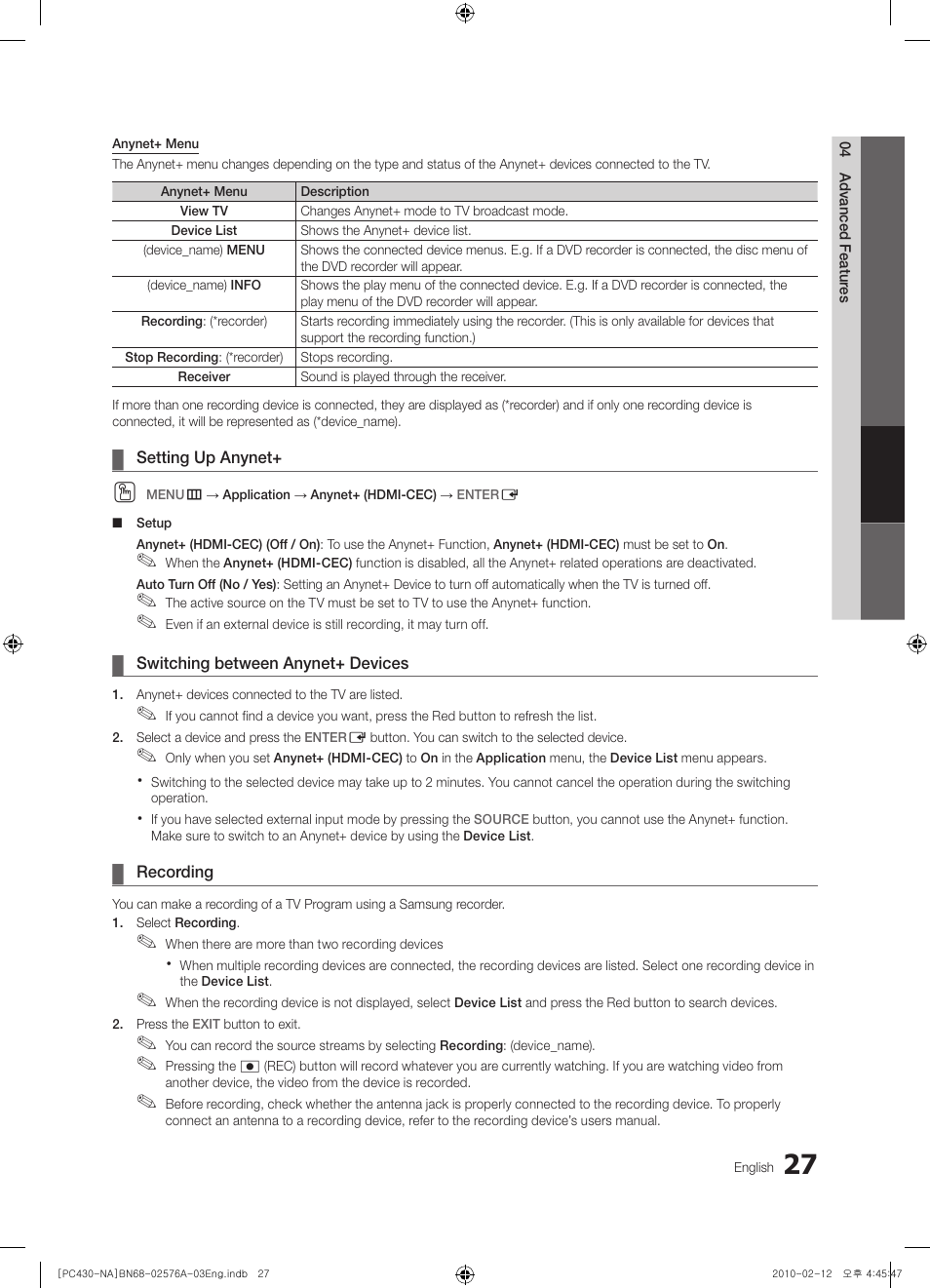 Setting up anynet, Switching between anynet+ devices, Recording | Sharp 430 User Manual | Page 27 / 38