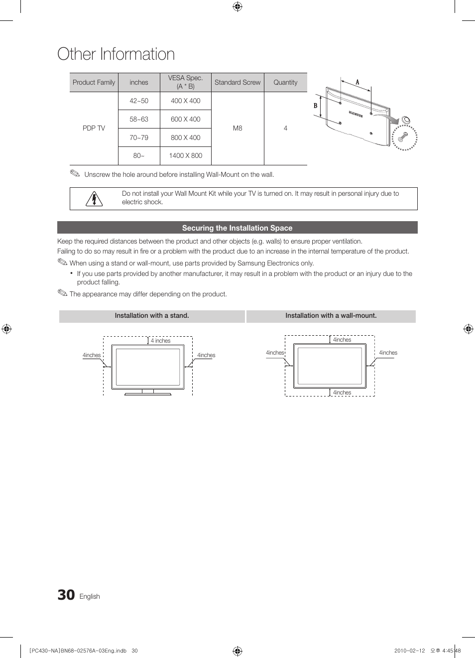 Securing the installation space, Other information | Sharp 430 User Manual | Page 30 / 38