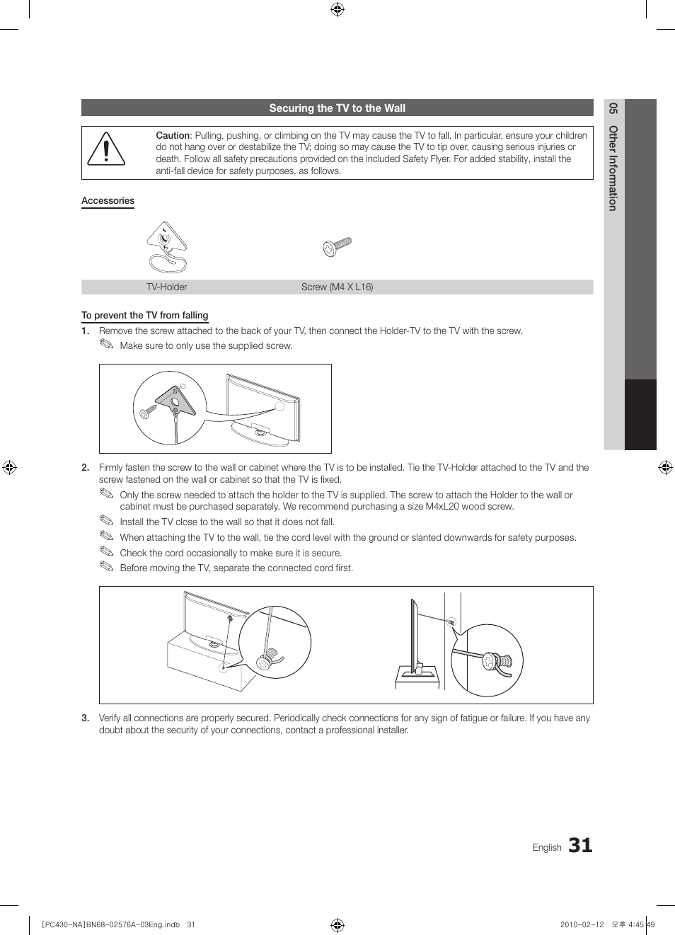 Securing the tv to the wall | Sharp 430 User Manual | Page 31 / 38