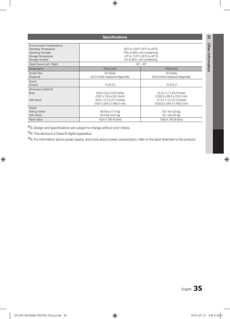 Specifications | Sharp 430 User Manual | Page 35 / 38