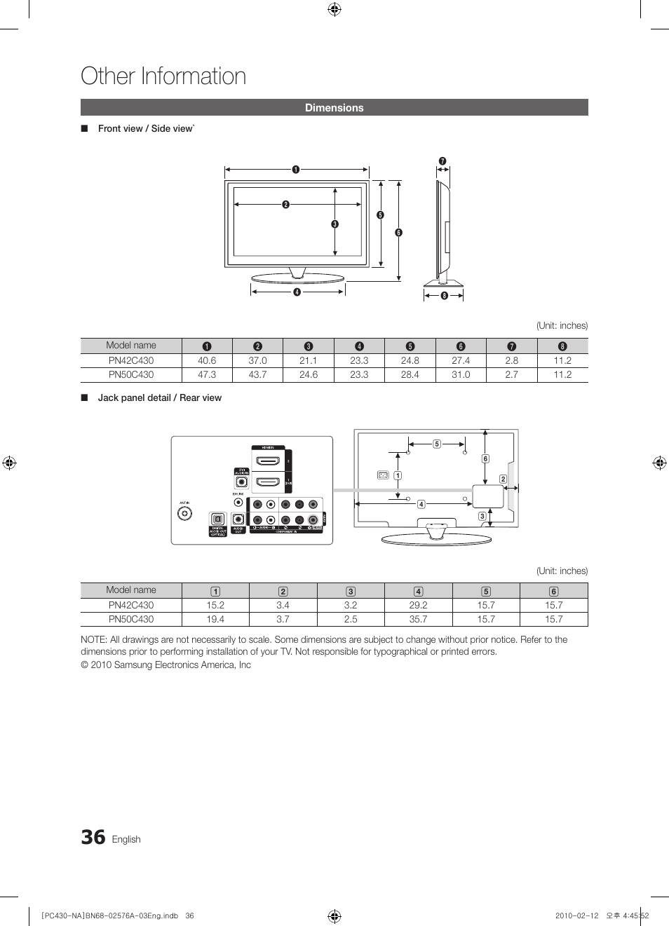 Dimensions, Other information | Sharp 430 User Manual | Page 36 / 38