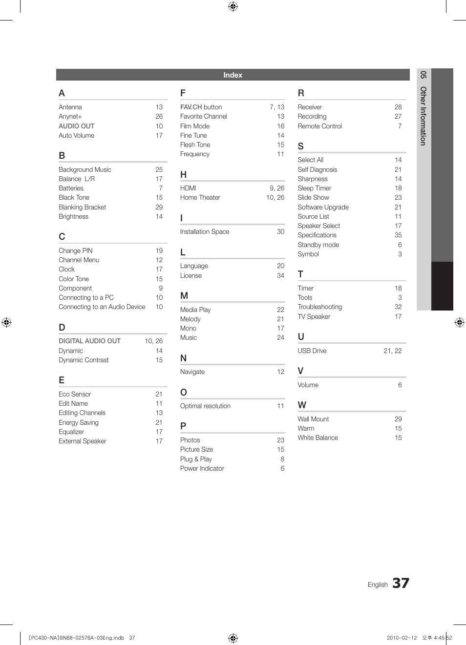 Index | Sharp 430 User Manual | Page 37 / 38