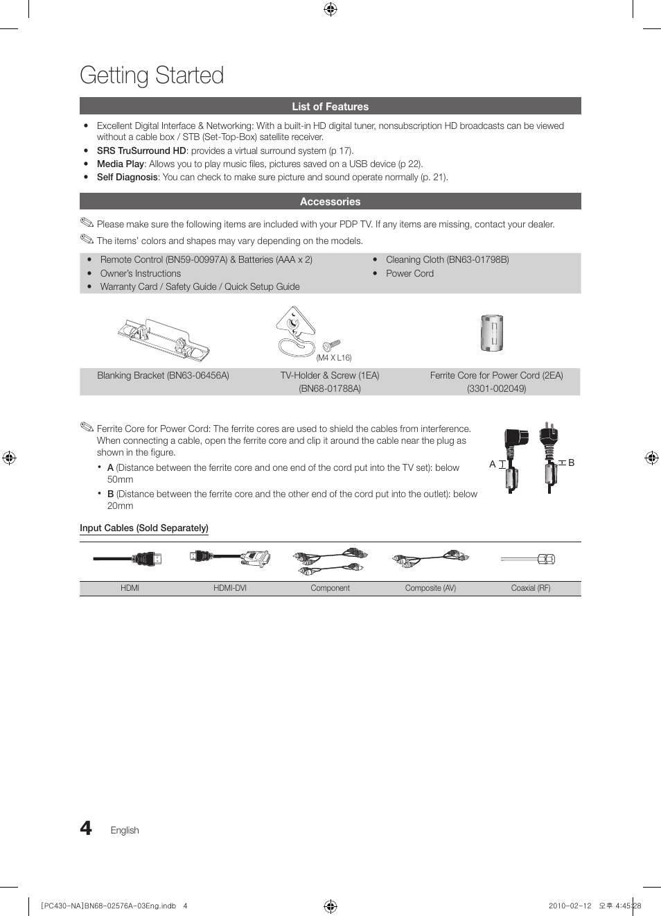 Getting started, List of features, Accessories | Sharp 430 User Manual | Page 4 / 38