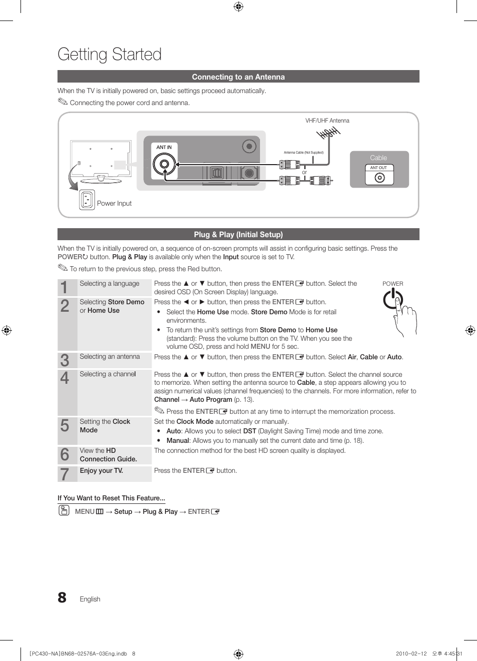 Connecting to an antenna, Plug & play (initial setup), Getting started | Sharp 430 User Manual | Page 8 / 38