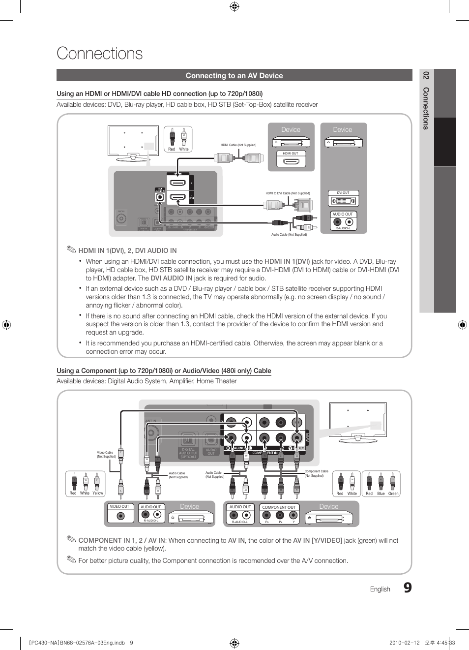 Connections, Connecting to an av device, 02 connections | Sharp 430 User Manual | Page 9 / 38