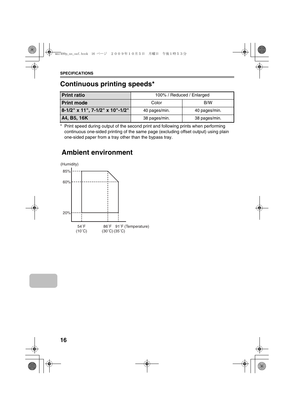 Continuous printing speeds, Ambient environment | Sharp MX-C400P User Manual | Page 18 / 28